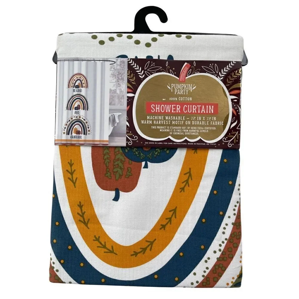 Pumpkin Party SHOWER CURTAIN Harvest Rainbow “Be Kind & Grateful” Curtain NWT